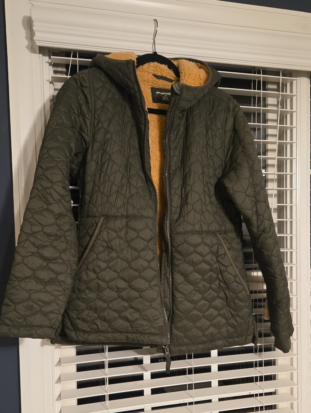 Amazon Essentials Quilted Hooded Puffer Jacket in Olive with Tan Sherpa Lining